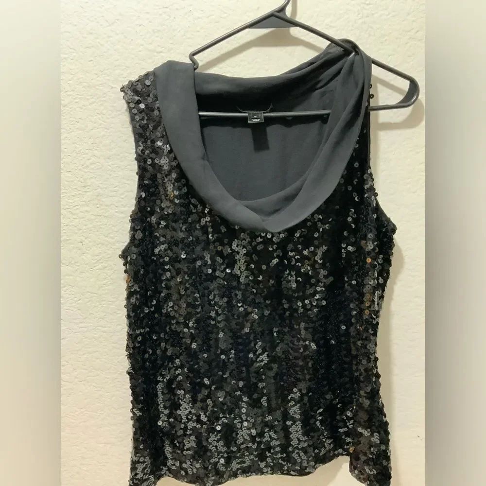 St. John Cowl Neck Top Women size 12 Metallic Sequin Black Event